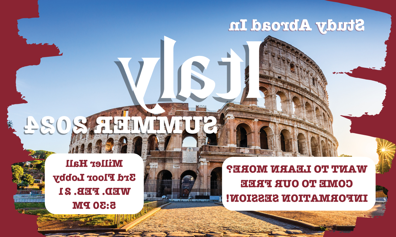 为包含关于事件的日期和时间的更多信息的文本的信息会议传单, 覆盖在罗马竞技场的图片上, 意大利.
